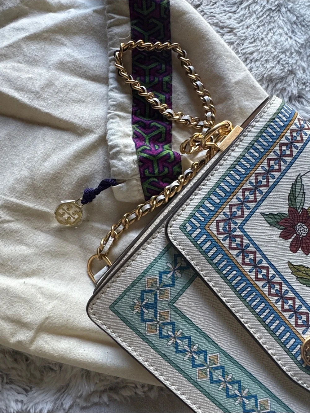 Tory Burch Floral Printed Chain Shoulder Bag - White/Blue